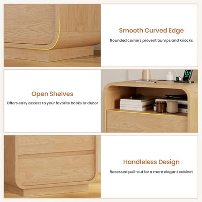 HAUOMS 23.6" Wide Wood Bedside Table, Curved Profile Design, Natural Oak | Charging Station, 2 Storage Drawers, 25" Tall Nightstand, Large Mid Century End Table, Bedroom/Living Room, Easy Assembly - color: Natural Oak