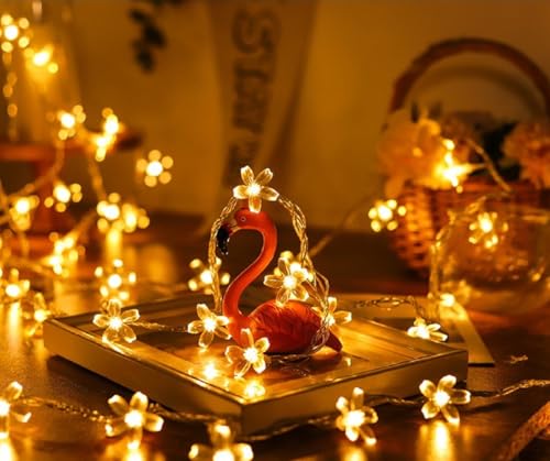 Flower String Lights Plug in, 16ft 50 LED Cherry Blossom Fairy String Lights Warm White for Party Birthday Wedding Christmas Home Decoration, WLD0008