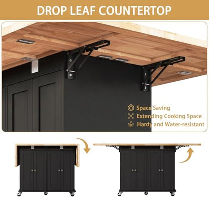 62.8 INCH Rolling Kitchen Island Cart with Double Drop Leaf, Small Mobile Kitchen Cart on Wheels, Folding Kitchen Island with Large Tbletop, Adjustable Shelves for Dining Room - color: Black