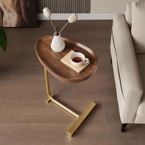 Small Side End Table New C Table Narrow Round Bed Sofa Couch Coffee Dinner Table for Snack Drink TV Tray, Slim Gold Rustic End Table Modern Simplicity, Metal and Wood - 24 Inch - color: Wanut Color