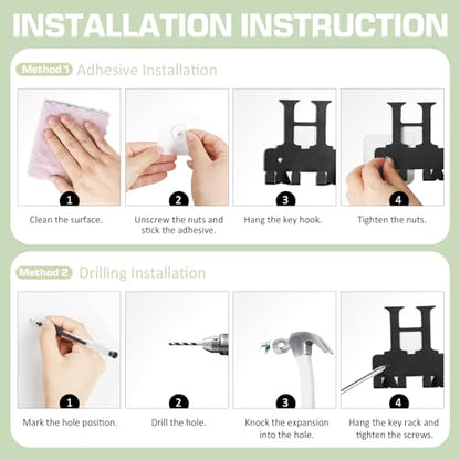 Key Holder Wall Mount, Adhesive Key Hanger with 12 Hooks, Black | Metal Material, 2 Mount Options, Compact Design, Cute Wall Decoration, Suit for Entryway, Doorway, Hallway, RV, Garage - style: 12 Hooks