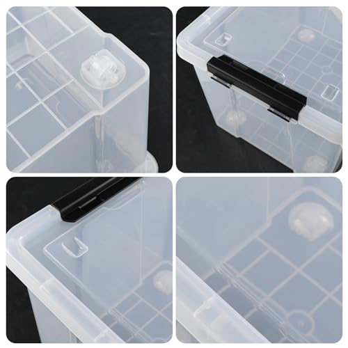 Set of 4 Storage Bins with Wheels, 23 L Clear Latch Boxes with Lids | Clear thick plastic, black side latch lid, built-in bottom rolling wheels, fit closet, bedroom and garage organization - size: 23 L