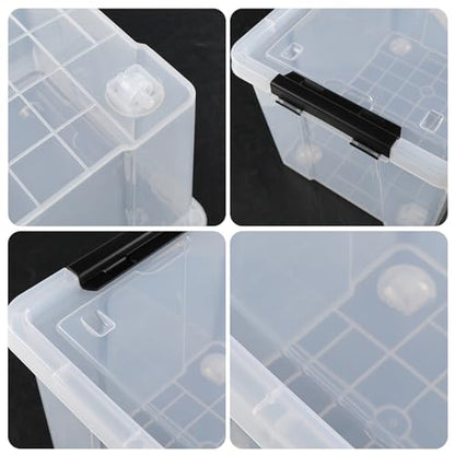 Set of 4 Storage Bins with Wheels, 23 L Clear Latch Boxes with Lids | Clear thick plastic, black side latch lid, built-in bottom rolling wheels, fit closet, bedroom and garage organization - size: 23 L