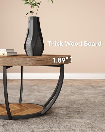 LITTLE TREE Round Coffee Table, 32" Circle Coffee Tables for Living Room | 2-Tier Wood Accent Center Table with Open Storage Industrial Design Home Furniture (Wood Grain and Black) - color: Wood Grain and Black