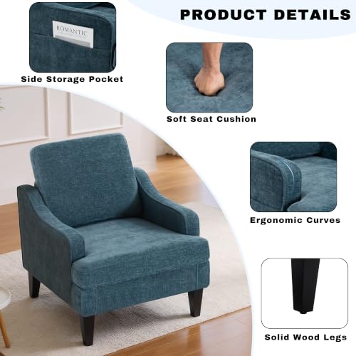Accent Chair for Living Room,Mid-Century Arm Chair Fabric Living Room Chairs,Upholstered Reading Chair for Bedroom,Single Sofa Chair with Wood Legs for Apartment (1, Chenille Blue) - color: Blue