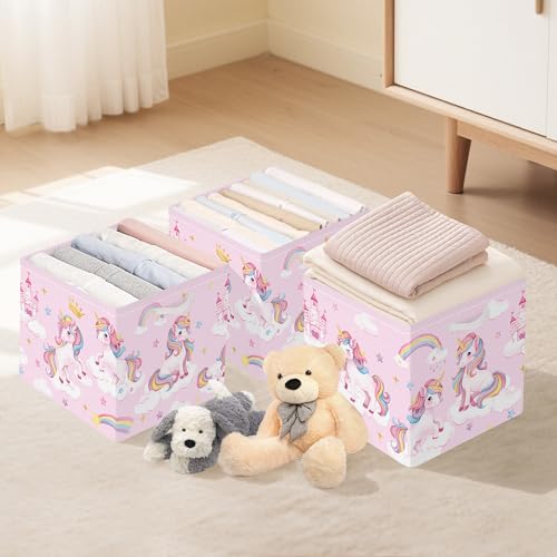 Clastyle 11.8" Unicorn Storage Basket Set of 3 for Kid Girl Toy Clothes Bin | Collapsible Fabric Book Bin, Metal Frame Bottom Board, Cube Organizer, Closet Nursery Pantry Shelf Bedroom, Pink Rainbow