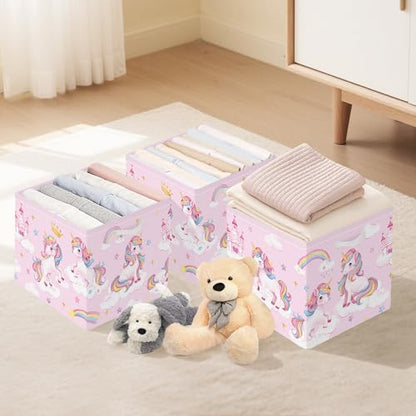 Clastyle 11.8" Unicorn Storage Basket Set of 3 for Kid Girl Toy Clothes Bin | Collapsible Fabric Book Bin, Metal Frame Bottom Board, Cube Organizer, Closet Nursery Pantry Shelf Bedroom, Pink Rainbow