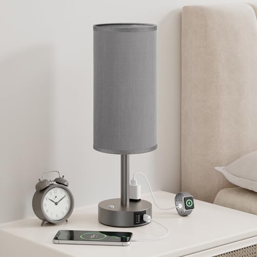 Grey Touch Bedside Lamp for Bedroom, Stepless Dimmable, USB A+C, AC Outlet | Base Touch Button Only, Memory Brightness, Ultra-dim Night Light, Included Bulb for Optimal Dimming, Grey Fabric Shade, Desk - color: Grey & Grey