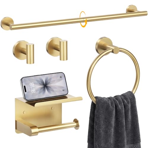 5 Piece 23.6 Inch Brushed Gold Bathroom Hardware Accessories Set | Stainless Steel Bath Extended Towel Bar, Toilet Paper Holder with Shelf, Round Towel Ring Wall Mounted, Towel Hooks