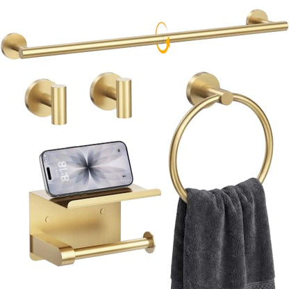 5 Piece 23.6 Inch Brushed Gold Bathroom Hardware Accessories Set | Stainless Steel Bath Extended Towel Bar, Toilet Paper Holder with Shelf, Round Towel Ring Wall Mounted, Towel Hooks