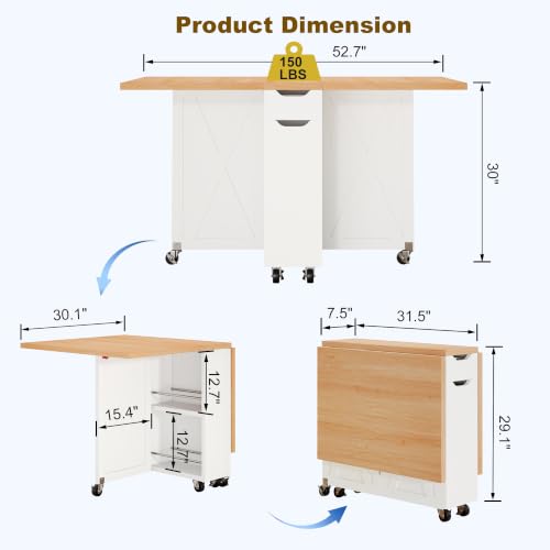 52.7" Folding Dining Table for 2-6, Easy Assembly, Oak+White | Folding Dining Table with 6 Wheels, Drop Leaf Table with Drawers, Shelves and Wine Rack for Small Spaces - color: Light Brown