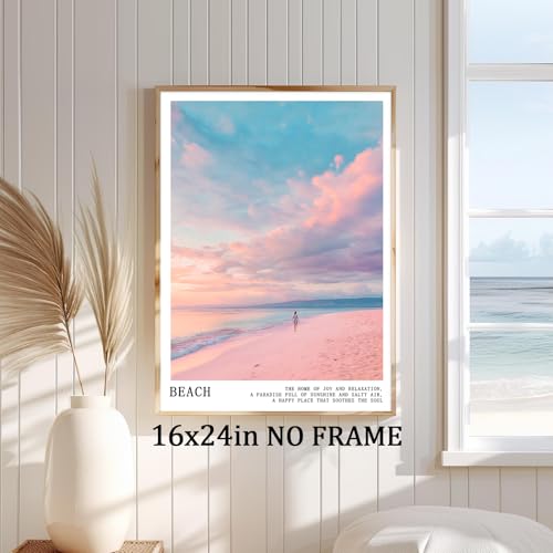 Pink and Blue Coastal Wall Art Cute Preppy Summer Pictures Aesthetic Summer Posters Trendy Beach Pictures Blue Ocean Painting Coastal Cowgirl Artwork Beach Wave Picture for Home Room 16x24in Frameless - color: C3Unframed