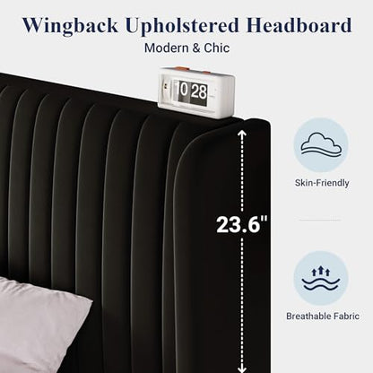 Allewie Queen Size Velvet Bed Frame/Vertical Channel Tufted Wingback Headboard/Upholstered Platform Bed/Strong Wooden Slats/No Box Spring Needed/Easy Assembly/Black - color: Black, size: Queen