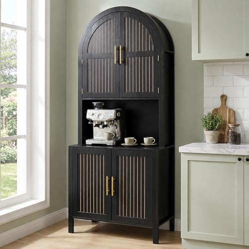 76" Tall Arched Kitchen Pantry, Large Kitchen Storage Cabinet with Fluted Doors and Microwave Stand, Modern Wood Buffet Sideboard, Adjustable Shelves, Cupboard for Dining Room, Living Room, Black - color: Black