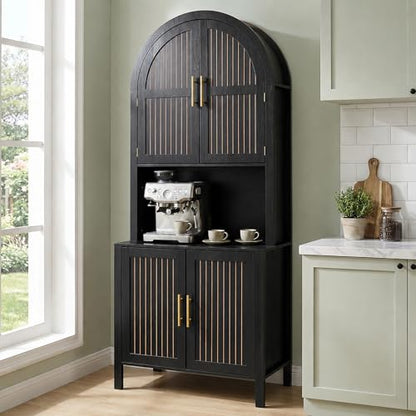 76" Tall Arched Kitchen Pantry, Large Kitchen Storage Cabinet with Fluted Doors and Microwave Stand, Modern Wood Buffet Sideboard, Adjustable Shelves, Cupboard for Dining Room, Living Room, Black - color: Black