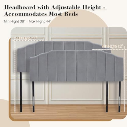 Upholstered Headboard Adjustable Height Queen/King Headboard Cream Velvet Tufted Modern Vertical Channel Design with Stepped Silhouette Top Edge(Grey Queen) - color: Gray, size: Queen