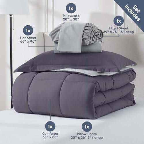 Nestl 5 Piece Twin Comforter Set – Grayish Purple Reversible Bed in a Bag – Complete Twin Size Bedding Set with Sheets, Pillowcase and Sham - color: Grayish Purple, size: Twin