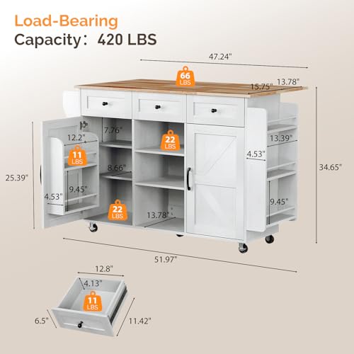 VINGLI 52" W Kitchen Island with Storage and Drop Leaf, Barn Door White | Farmhouse Rolling Cart with 3 Drawers, 2 Barn Doors, Adjustable Shelves, Side Rack and Locking Wheels - color: White
