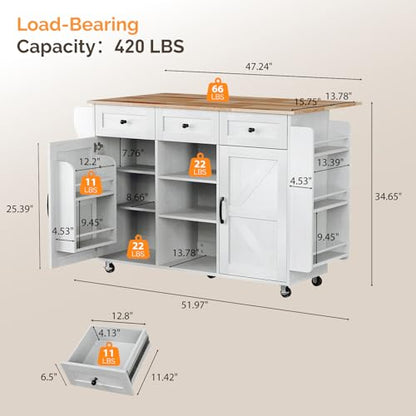 VINGLI 52" W Kitchen Island with Storage and Drop Leaf, Barn Door White | Farmhouse Rolling Cart with 3 Drawers, 2 Barn Doors, Adjustable Shelves, Side Rack and Locking Wheels - color: White