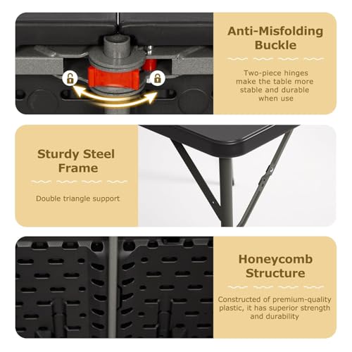 34" Folding Card Table, Heavy Duty Plastic Square Table - Portable Fold-in-Half w/Handle & Lock for Camping, BBQ, Party, Events, Black - size: 34‘’-Black