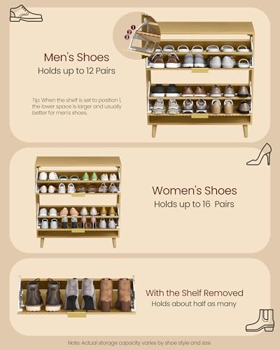 VASAGLE MAXE Collection - Shoe Storage Cabinet with 2 Flip Drawers, Freestanding Narrow Shoe Rack Organizer for Entryway, Fluted Doors, Fits 12-16 Pairs, Mid Century Modern, Oak Beige UHSC202YC03S | Freestanding Shoe Rack Organizer, Fluted Doors, Mid Cent