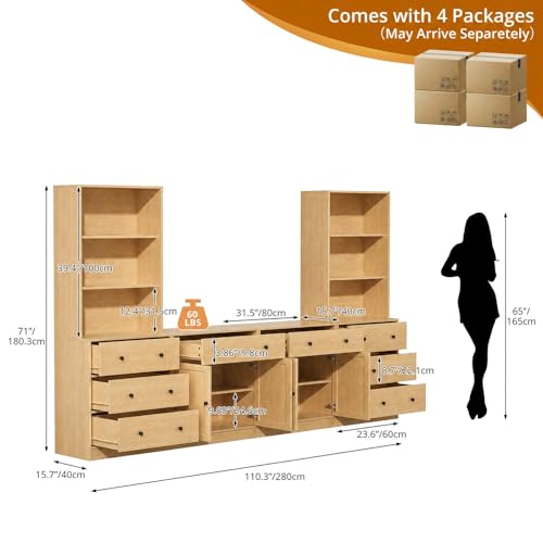 TUSY 71" Large TV Stand Set - TV Entertainment Center for TVs up to 65", Media Center with Tempered Glass Doors and Drawer, TV Hutch with Bookshelves for Living Room (Wood, BEEB) - color: Wood