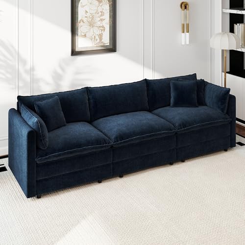Aoowow Modular Sectional Sofa,112.2 Inch Deep 3-Seater Sofas Comfy Chenille Cloud Sofas and Couches with Pillows for Living Room Apartment（Blue） - color: Blue, size: 3 Seat