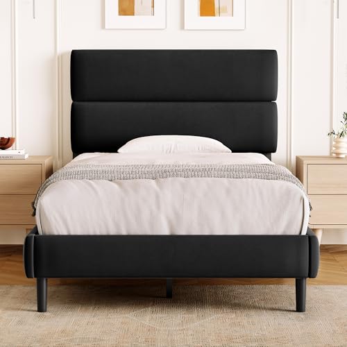 GRUSIGN Twin Size Platform Bed Frame with Velvet Headboard, Adjustable Height Wooden Slats Support, Upholstered Mattress Foundation, Fits Mattress or Mattress with Box Spring, Easy Assembly, Black - color: Black, size: Twin
