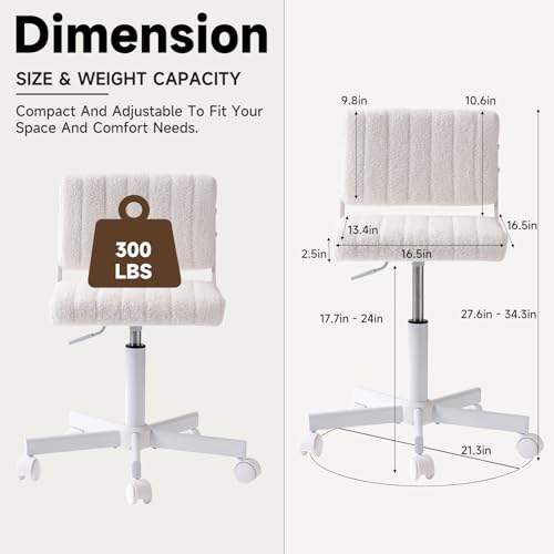 Office Chair Vanity Chair with Wheels | Comfy Desk Chair with Back | Cute Teddy Armless Adjustable Swivel Chair | Small Vanity Stool | for Bedroom Home Computer Task | White - color: White