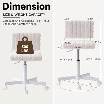 Office Chair Vanity Chair with Wheels | Comfy Desk Chair with Back | Cute Teddy Armless Adjustable Swivel Chair | Small Vanity Stool | for Bedroom Home Computer Task | White - color: White
