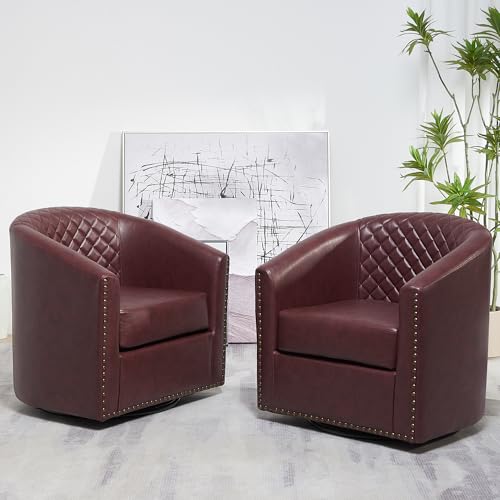 KINWELL 29" W Faux Leather Tufted PU Swivel Barrel Chairs Set of 2, Red | No Assembly Vegan Leather Upholstered Swivel Accent Chairs with Nailhead Trim, Small Armchairs for Small Spaces Apartment - color: Red, style: Set of 2
