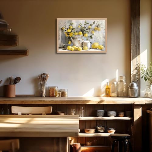 Framed Lemon Kitchen Wall Art Vintage Mustard French's Yellow Lemon Kitchen Rustic Oil Canvas Paintings Posters Prints for Dining Living Room Bedroom Preparing to hang 12x16in - color: Lemon, size: 12x16 Inches