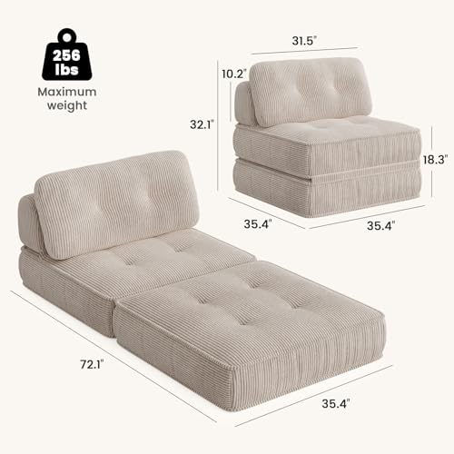 3-in-1 Boneless Folding Sofa Bed, Convertible Lazy Floor Couch with Headrest & Lumbar Pillow, Corduroy Fold Out Chair Bed with Memory Foam, No Assembly for Small Space, Living Room, Bed Room, Beige - color: Beige