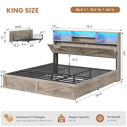 AOGLLATI Farmhouse King Bed Frame Bed Frame with 4 Storage Drawers and Led Lights, Wooden King Bed with Hidden Space Bookcase Headboard and Led Lights & Metal Slats, Grey - color: Grey, size: King