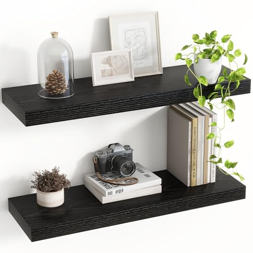 Acovy 24 Inch Floating Shelves, 8 Inch Deep Floating Shelves for Wall, Hanging Shelf with Invisible Brackets, Deep Shelves for Bathroom, Bedroom, Living Room, Black, Set of 2 - color: Black, size: 8"Wx24"L-2pcs