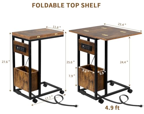 Hadulcet C Tables End Table Set of 2, C Shaped Side Table with Charging Station, Folding Table TV Trays for Eating, Couch Tables that Slide Under, Small End Table Snack Tables, Rustic Brown