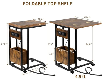 Hadulcet C Tables End Table Set of 2, C Shaped Side Table with Charging Station, Folding Table TV Trays for Eating, Couch Tables that Slide Under, Small End Table Snack Tables, Rustic Brown
