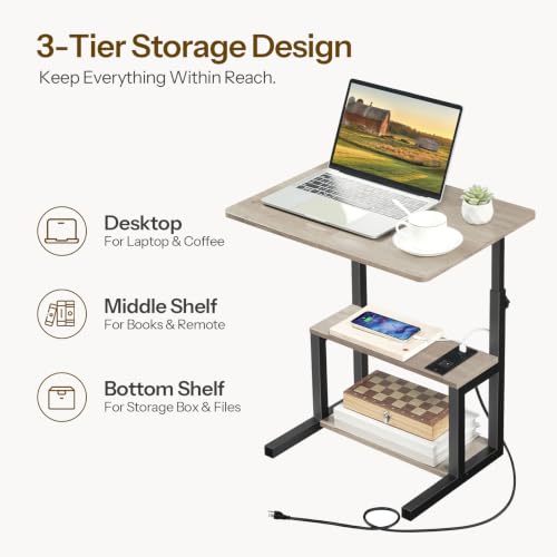 HOOBRO C-Shaped End Table, Adjustable Height Side Table with Power Strip | Couch Table with 20.5"L x 15"W Spacious Desktop, TV Tray Table with Storage Shelves for Living Room, Sofa, Chair, Greige - color: Greige + Black