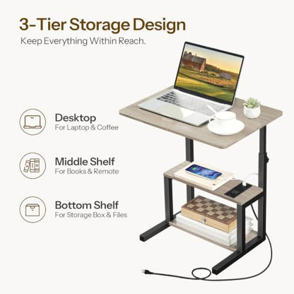HOOBRO C-Shaped End Table, Adjustable Height Side Table with Power Strip | Couch Table with 20.5"L x 15"W Spacious Desktop, TV Tray Table with Storage Shelves for Living Room, Sofa, Chair, Greige - color: Greige + Black
