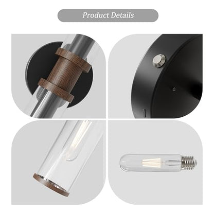 Rayogale Black & Walnut Wireless Battery Operated Wall Sconces with Remote | Glass Rechargeable Wall Lights Set of 2 with Timer Function Dimmable for Living Room Bedroom Emergency 3000K, 20.5 Inch - color: Black & Walnut(Clear Tubular Lampshade)