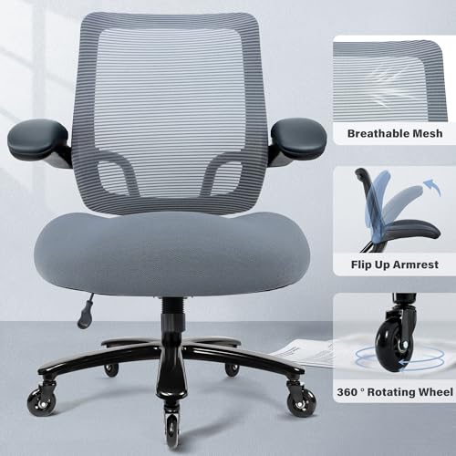Kassipo Big and Tall Office Chair with Flip-Up Armrests, Grey | 500LBS Capacity, Spring-Reinforced Memory Foam Seat & Heavy-Duty Base - color: Grey