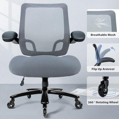 Kassipo Big and Tall Office Chair with Flip-Up Armrests, Grey | 500LBS Capacity, Spring-Reinforced Memory Foam Seat & Heavy-Duty Base - color: Grey