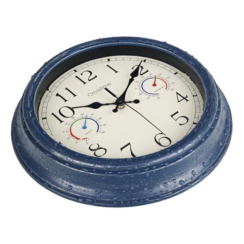 Crosstime 12 Inch Outdoor Clock Waterproof with Thermometer & Hygrometer – Silent Retro Wall Clock for Patio, Pool, Porch, Backyard, Bathroom – Blue - color: 12" Blue