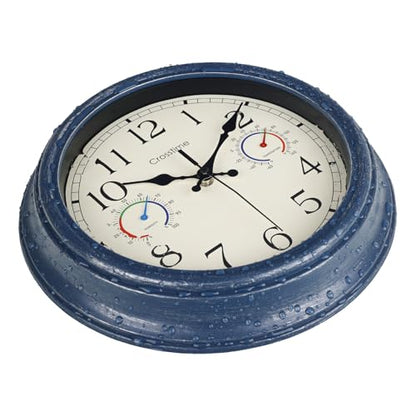Crosstime 12 Inch Outdoor Clock Waterproof with Thermometer & Hygrometer – Silent Retro Wall Clock for Patio, Pool, Porch, Backyard, Bathroom – Blue - color: 12" Blue