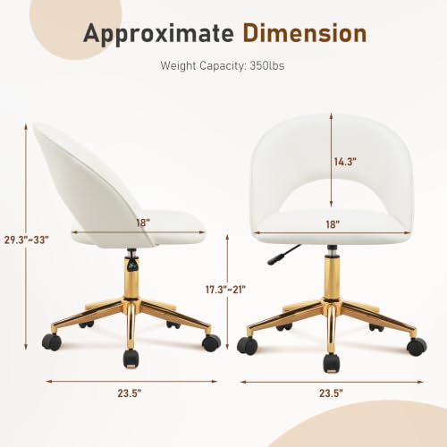 Furnimart Armless Swivel Rolling Desk Chair, Adjustable Faux Leather Vanity Chair with Wheels, Cute Task Chair with Gold Legs for Living Room Bedroom Studying Small Places (PU White) - color: Faux Leather-pu White