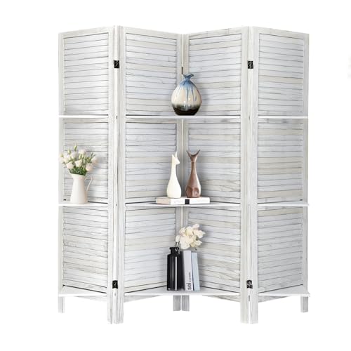 RHF 4 Panel 5.6 Ft Tall Partition Wood Room Divider, Wood Folding Room Divider Screens, Panel Divider&Room Dividers, Room Dividers and Folding Privacy Screens with Shelves(4 Panel,Coconut) - color: Coconut, style: 4 panel