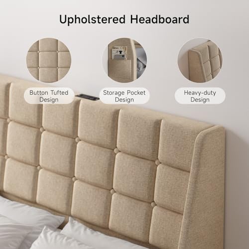 Ergonomic Upholstered Full Size Headboard w/Charging Station, Linen Wingback Headboards w/Storage Pocket, Full Headboard Only, Bed Frame Adapters, Sturdy Solid Wood Bed Head Board, Beige - color: Beige, size: Full