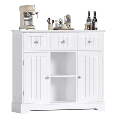 ChooChoo 35.4" Coffee Bar Cabinet with 3 Drawers and 2 Doors, White | Buffet Cabinet with Adjustable Shelves, Storage Cabinet for Compact Kitchens, Dining rooms and Living rooms - color: White