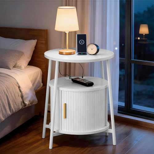 DHH Round End Tables Set of 2 & Charging Station, Fluted Accent Side Table with Sliding Door, Mid-Century Modern Nightstand Set of 2 for Small Space Storage, Living Room, Bedroom,Sofa Couch(2, White) - color: Grayish White
