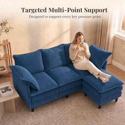 69 Inch Small Sofa Couch with Ottoman, L Shape Sectional Couch 3 Seats with Cloud 2 Layer Cushion, 22.8” Deep Seat, Washable Pillows for Small Spaces, Living Room, Apartment, Office, Chenille, Blue - color: Blue, size: 3-Seat with Ottoman